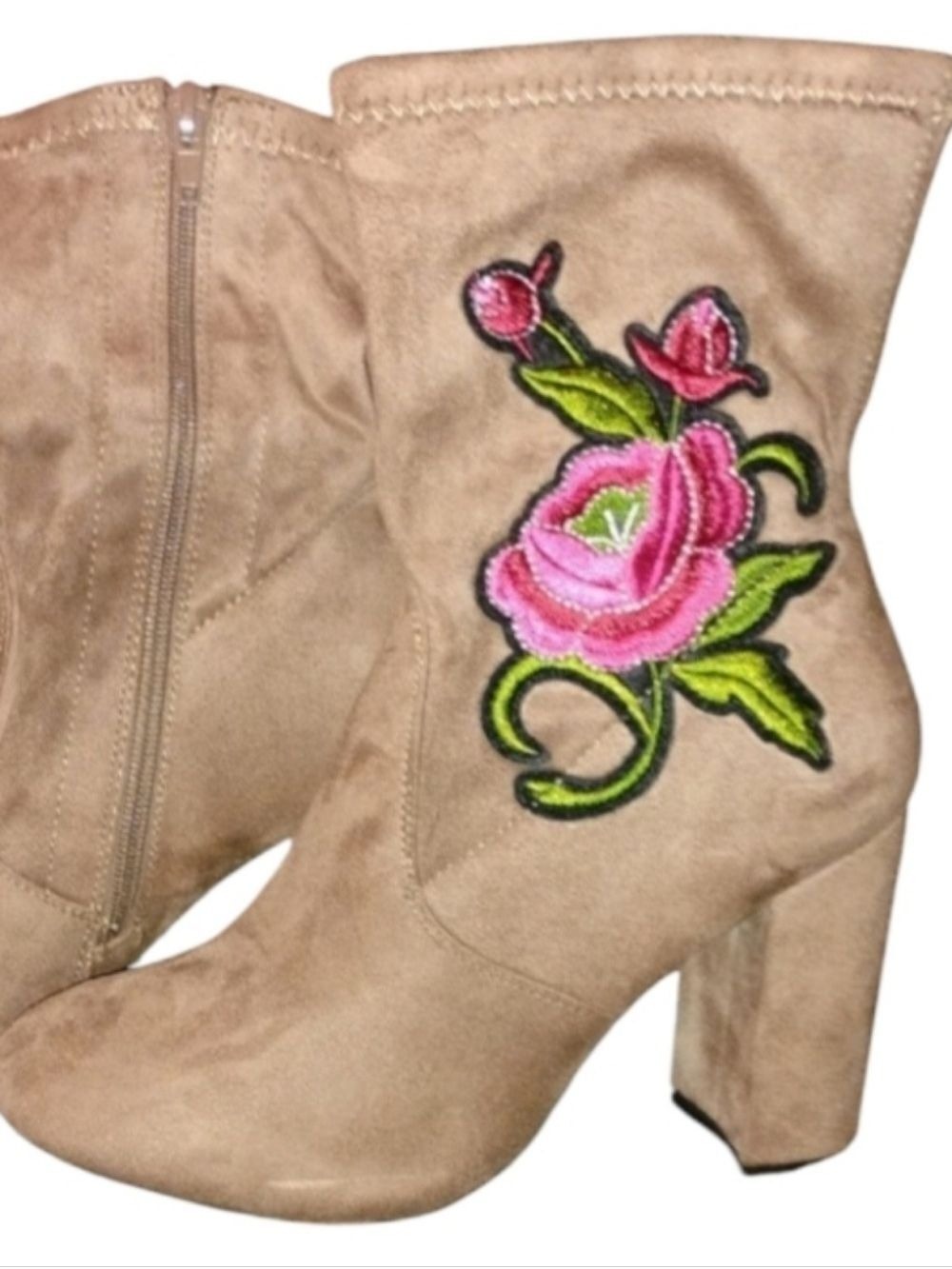 Ankle Boots Taupe Suede With Floral Embroidery On Sides Size 7